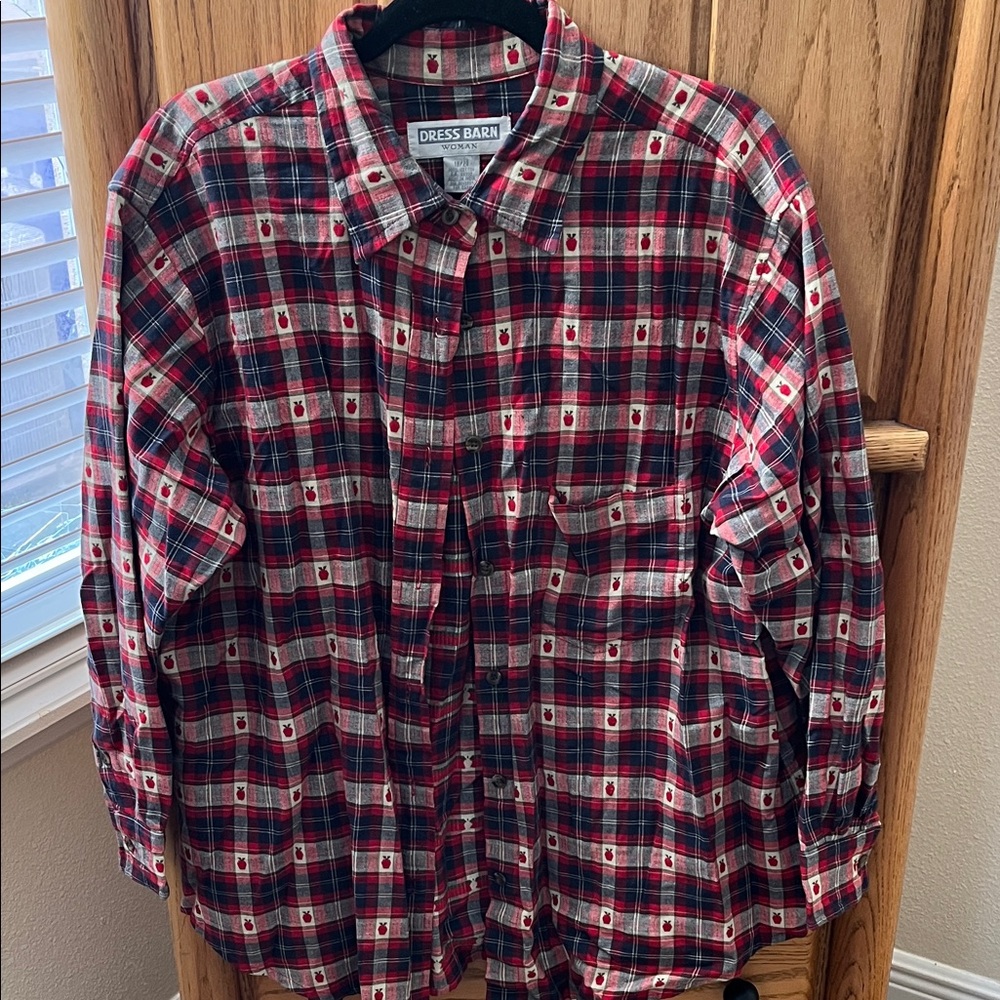 Dress Barn Women’s Teacher Red and Navy Blue Checkered Apple Blouse